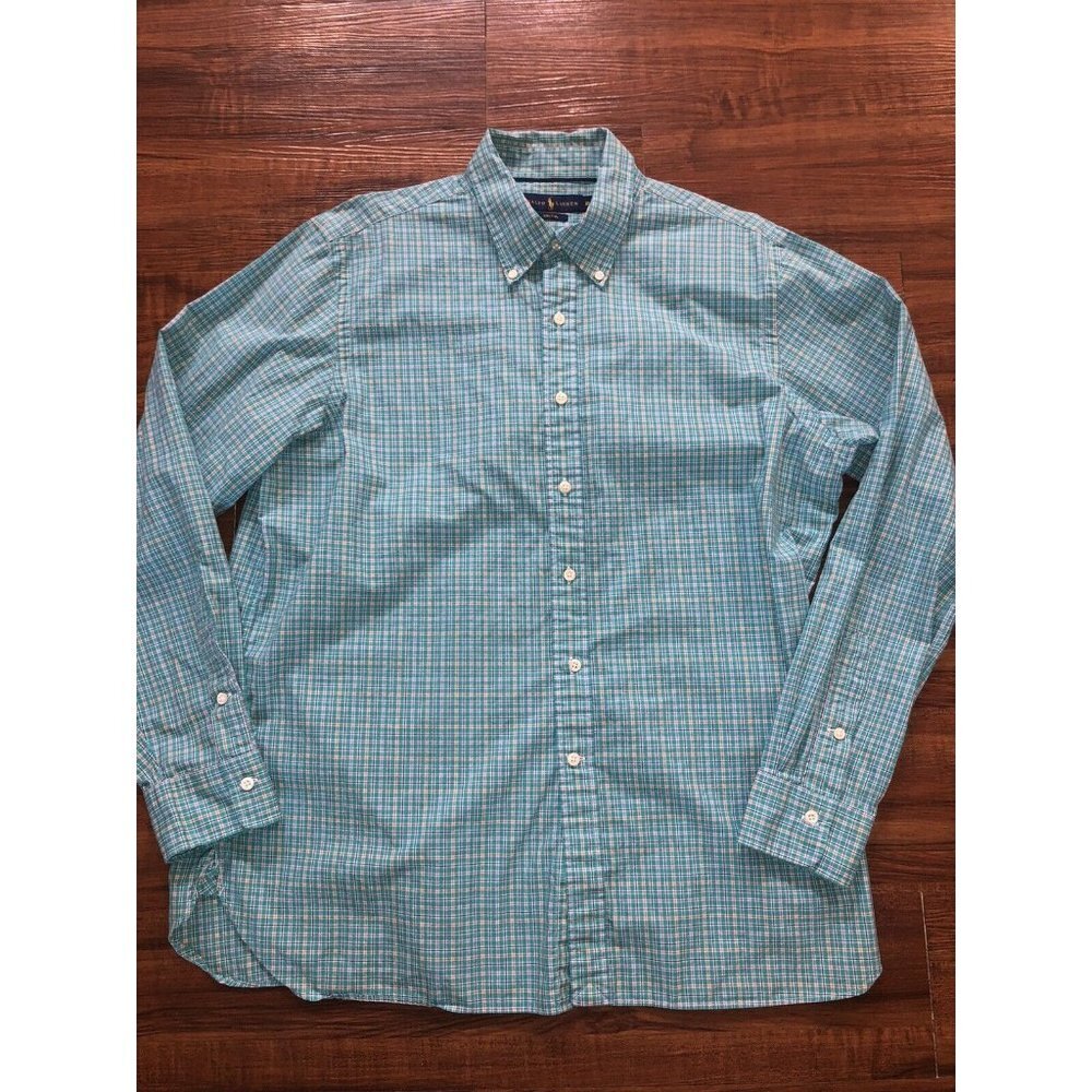 Ralph Lauren 120s 2 Ply Button Front Check Teal/Orange Shirt Mens Size XL